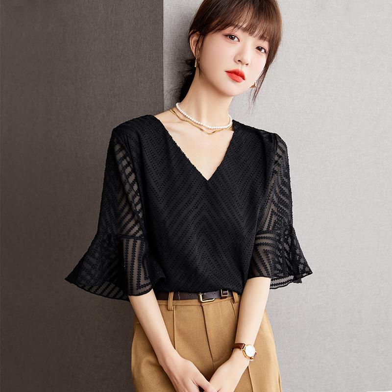 

Women' T Shirts C2277 Women Chiffon Shirt Summer Fashion Half Flare Sleeve V-neck Mesh Patchwork Casual Slim Solid Color Basic Pullover, C2277 white