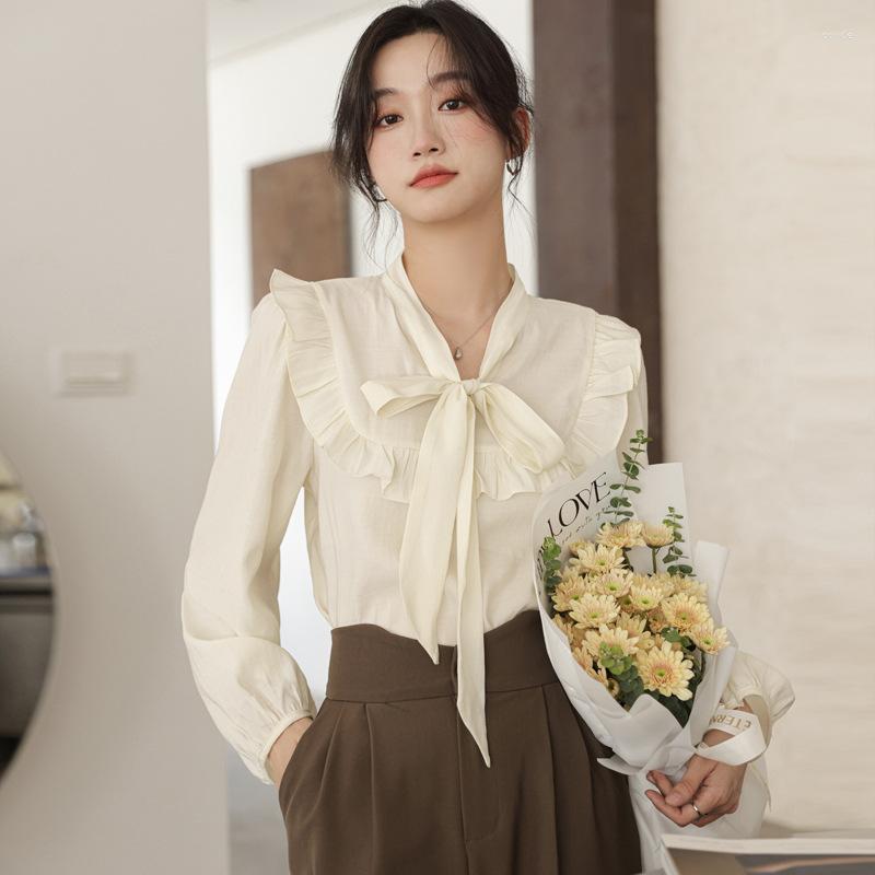 

Women' Blouses French Style White Shirt Women V-neck Pullover Top Autumn Spring Patchwork Puff Sleeve Blusas Femininas Elegantes, Apricot