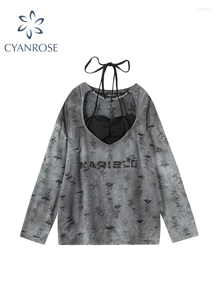 

Women' T Shirts Korean Girl Y2k Black Camis Clothes For Summer Fashion Vintage Sexy Two Piece Set Long Sleeve Top Funny