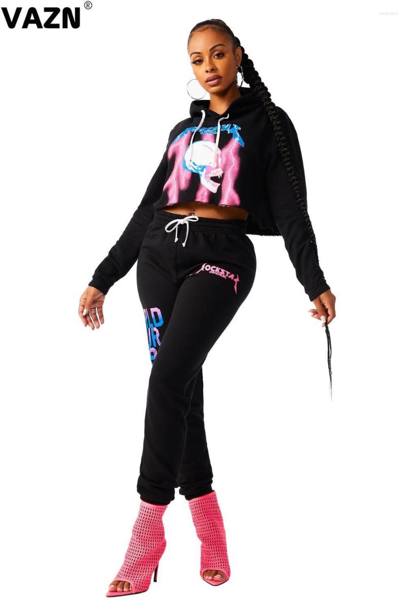 

Women's Two Piece Pants VAZN 2023 Top Quality Fancy Young High Street Free Tracksuits Hooded Full Sleeve Long Skinny Women 2 Set, Black