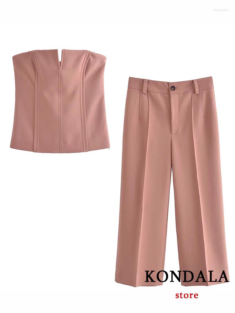 

Women's Two Piece Pants KONDALA Vintage Casual Solid Women Suit Strapless Sleeveless Slim Top Straight Long Loose Fashion 2023 Summer Sets