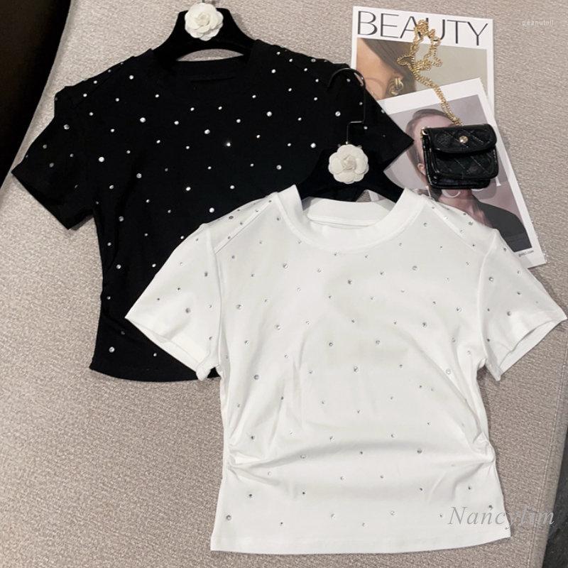 

Women's T Shirts 2023 Spring Summer Rhinestone Pleated Design Sweet All-Matching Slimming Pullover T-Shirt Top For Women Short Stretch Tees, Black
