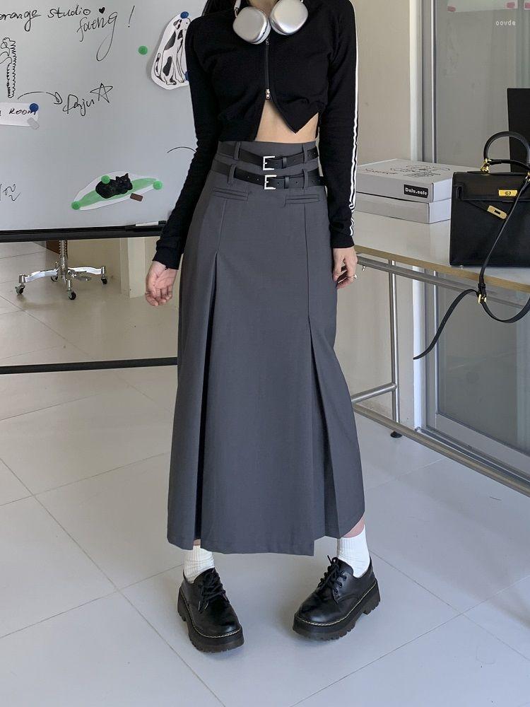 

Skirts Vintage Belt Long Women Autumn 90s Streetwear Korean Style High Waist Slim A-line Pleated Skirt, Black