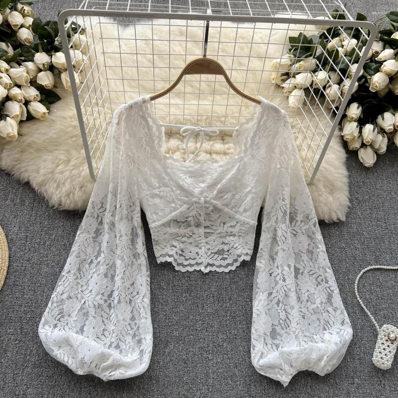 

Women's Blouses Autumn Sexy Blouse For Women Mesh Patchwork Lace Up Puff Sleeve Short Tops Elegant White See Through Female Blousa In 2023, Beige