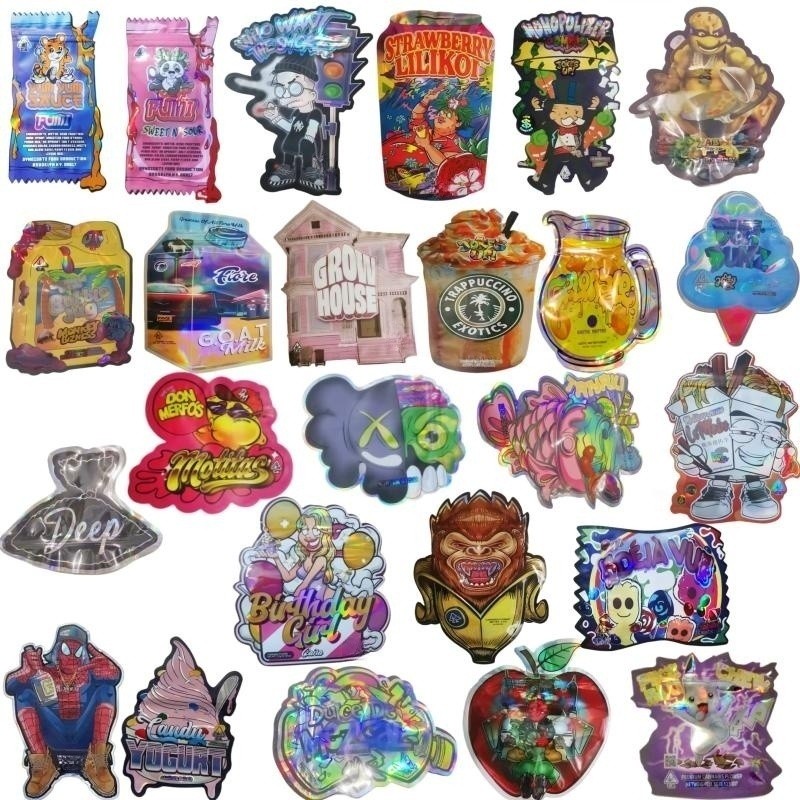 

3.5g die cut shape mylar bag holographic deep fumi house juice bottle fish cup can shape bags custom 2023