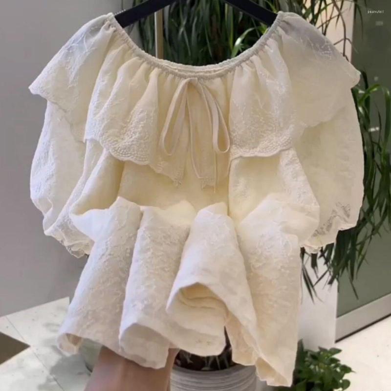 

Women' Blouses Sexy Off Shoulder Embroidered Lace Chiffon Top For Women' Summer 2023 French Ruffles Sweet, Beige
