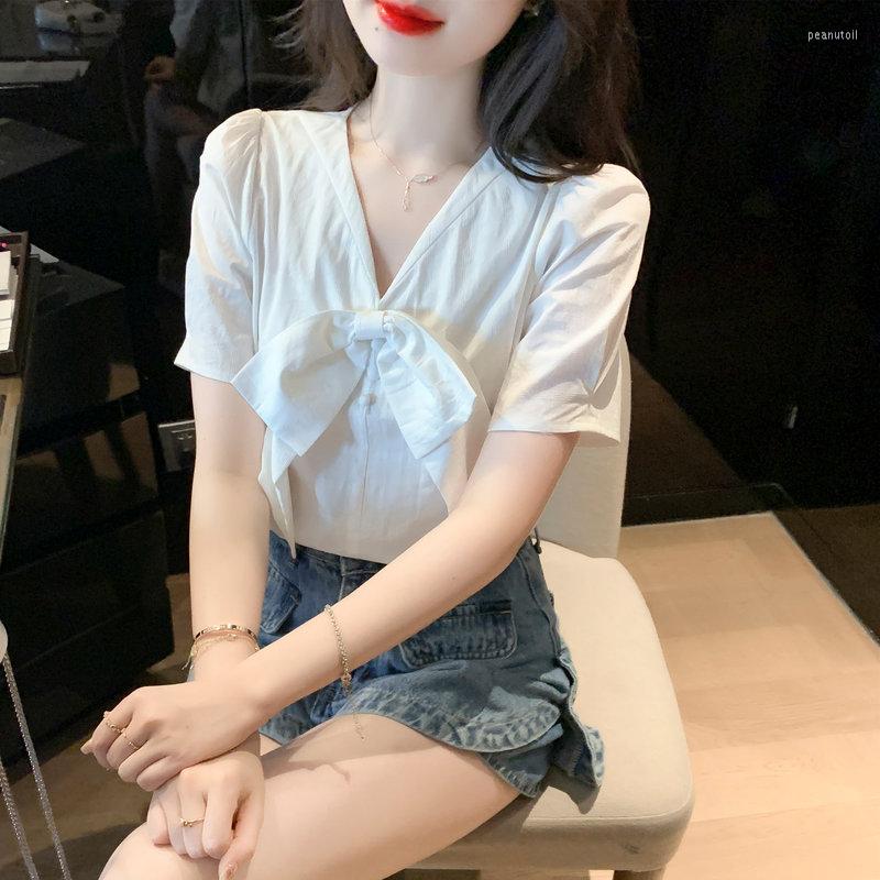 

Women' Blouses 2023 Summer Korean Version Of The Temperament Commuter Bow Casual Chiffon Shirt V-neck Short-sleeved Top, White