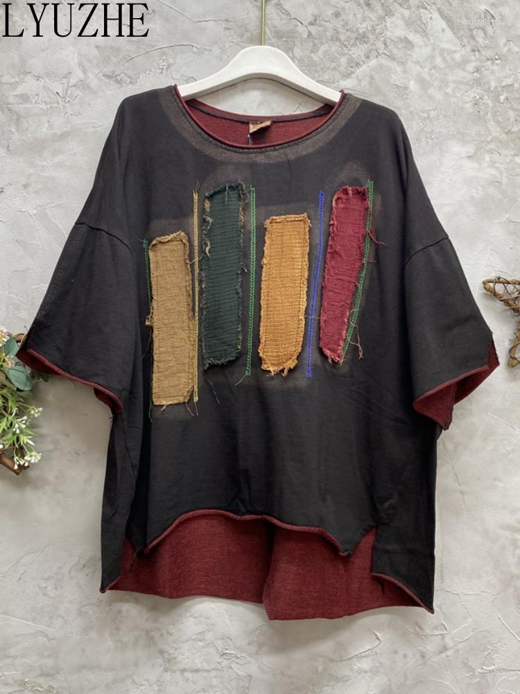 

Women's T Shirts LYUZHE 2023 Summer Casual Round Neck Short Sleeve T-shirt Women Loose Large Size Personalized Patchwork Fashion Top ZXF276A, Black