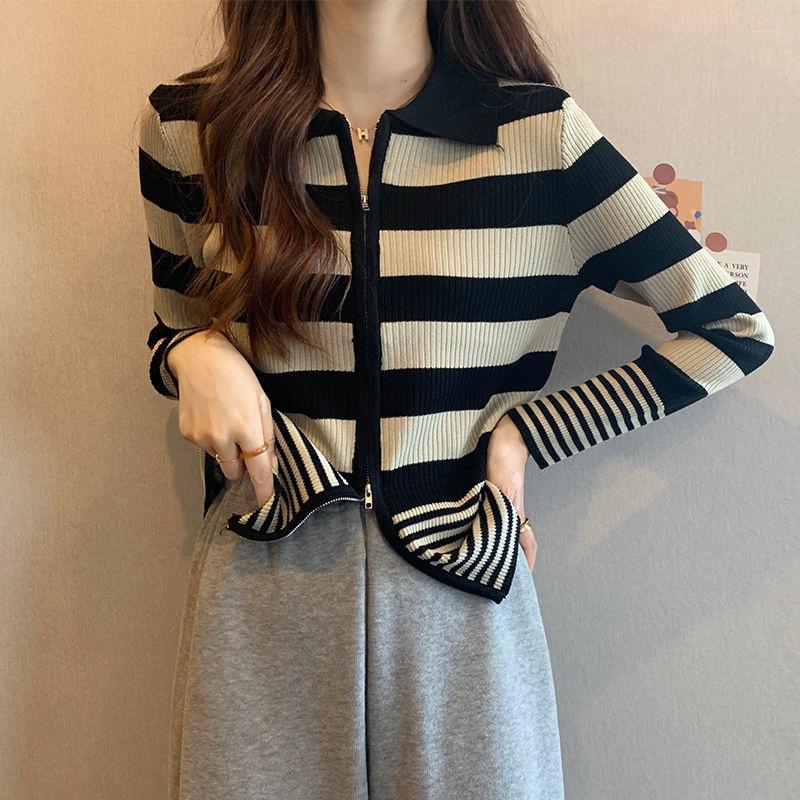 

Women' Knits Stripe Knitted Cardigan Sweaters Women 2023 Autumn Winter Fashion Long Sleeve Zipper Knitting Coat Female Korean Style Tops, Blue