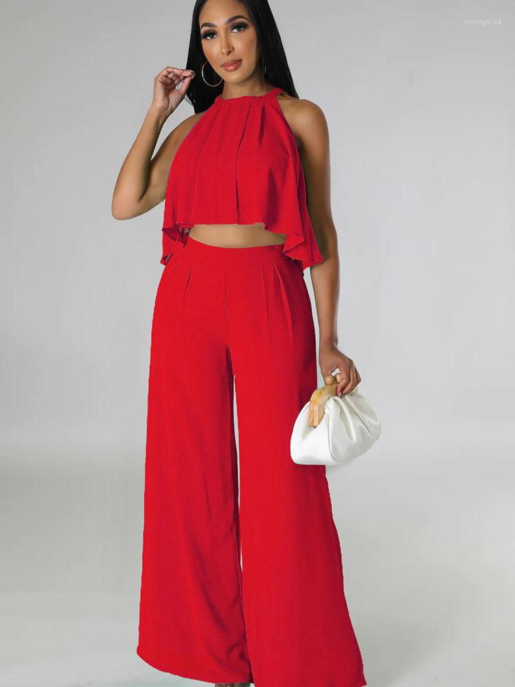 

Women's Two Piece Pants Sexy Chiffon Set For Women Summer Sleeveless Ruffles Crop Top Loose Wide Leg Suit Casual Vacation Outfit Elegant, Yellow