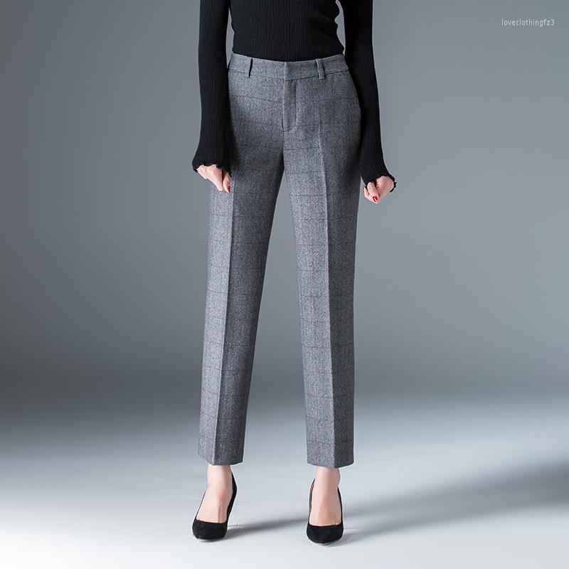 

Women's Pants Women Elegant Slim Plaid Woolen OL Formal Suit Straight Trousers, Gray