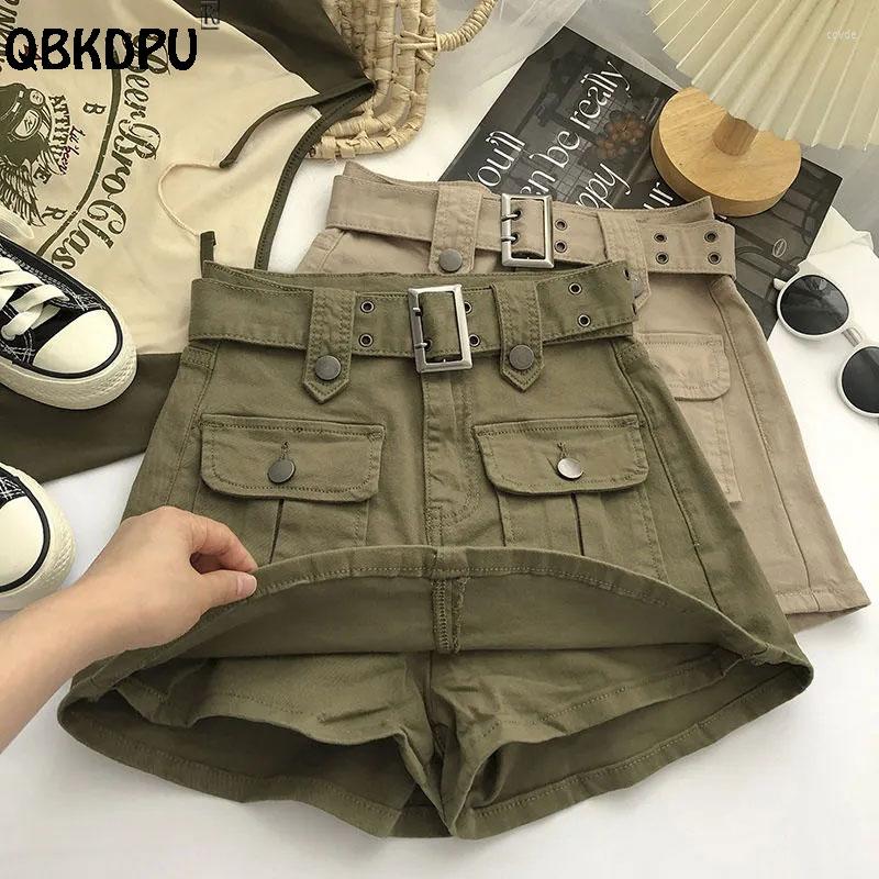 

Women's Shorts Streetwear Belt Cargo Jeans Women Summer Vintage Short Denim Pants High Waist Liner Slim Pantskirt Pocket Casual Culottes, Brown