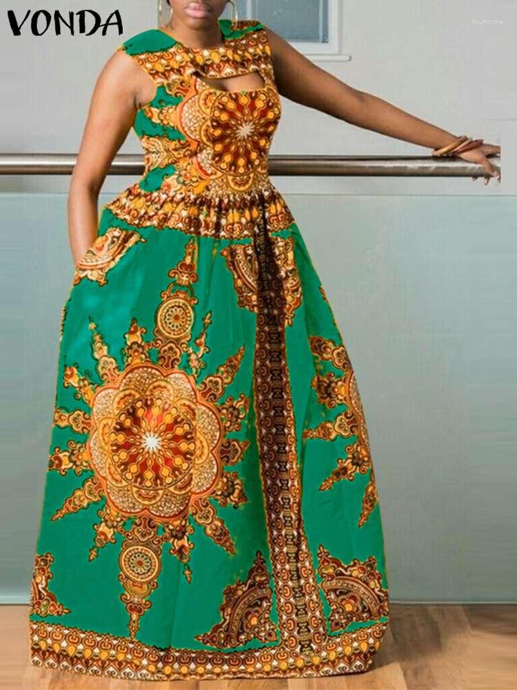 

Casual Dresses 2023 VONDA Summer Vintage Printed Dress For Women Sexy Sleeveless Bohemian Maxi Sundress Hollow Beach Party Robe Oversize, Green