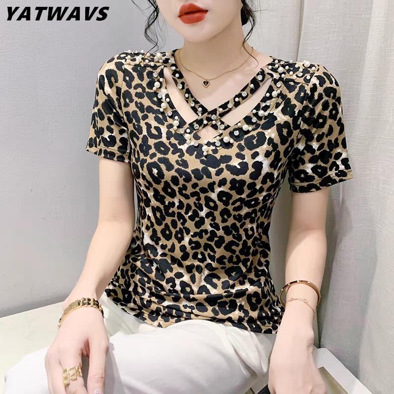 

Women' T Shirts Summer Korean T-Shirt Sexy Fashion V-Neck Beading Leopard Print Tees 2023 Women Short Sleeve Hollow Out Diamonds Slim Tops, Picture color