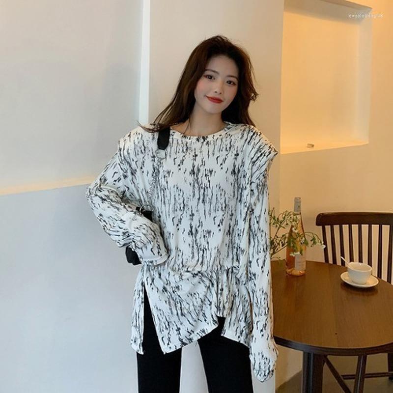 

Women's T Shirts 2023 Spring Fall Korean Women Round Neck Tops Slit Ink White Printing Base Shirt T-shirt Female Long Sleeve Harajuku Tshirt