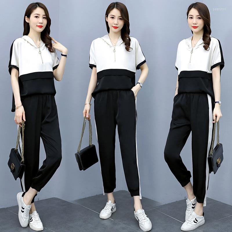 

Women's Two Piece Pants Women Pieces Sports Set Lady Short Sleeve Hooded T-shirt Tops And Long Trousers 2 Suits, Black