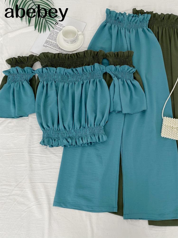 

Women's Two Piece Pants 2023 Spring Summer Fashionable All-match Off Shoulder Slash Neck Short Top High Waist Slim Wide Leg Set, Black