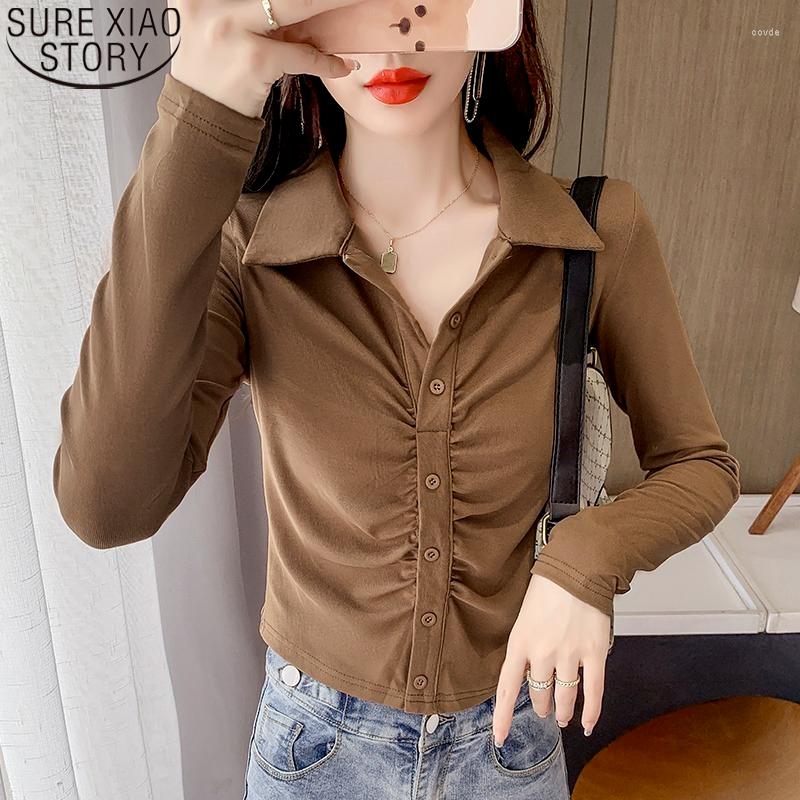 

Women' Blouses Office Lady Fashion Bottoming Shirt Women Blouse Button Up Autumn Knit Polo Collar Pleated Long Sleeve Cotton Tops 17369, Black