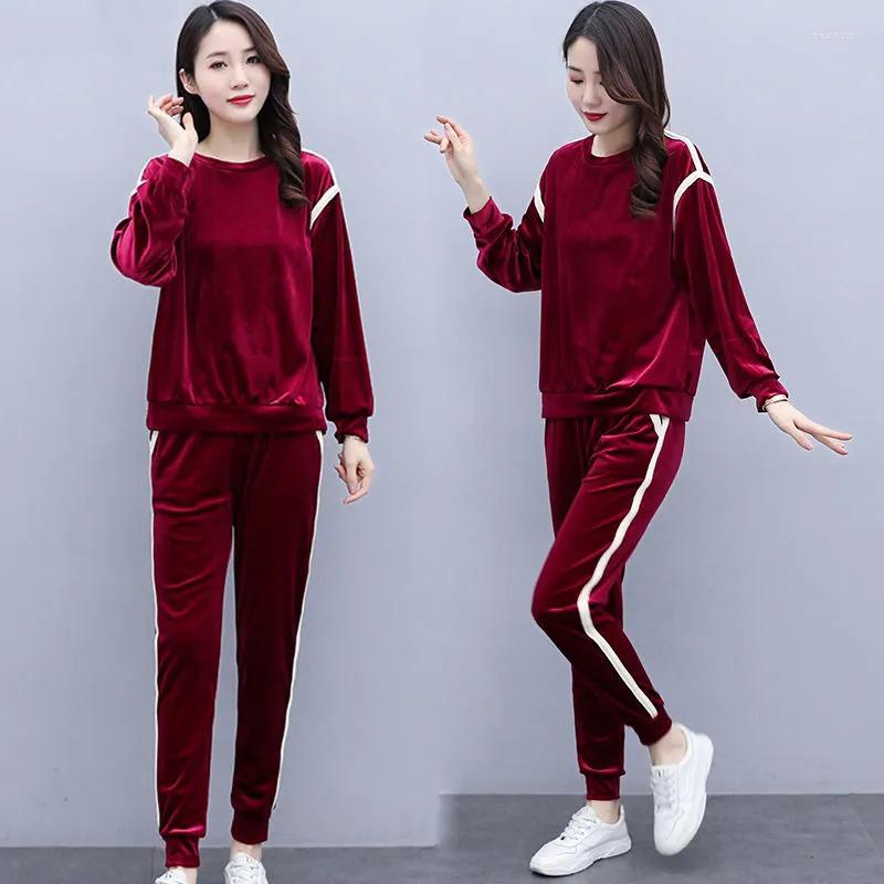 

Women's Two Piece Pants 2023 Golden Velvet Sportswear Sets Women's Casual Loose Suit Spring Autumn Sports Tracksuits Women, Wine red