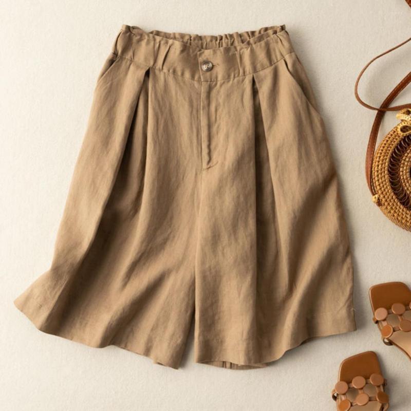 

Women's Shorts Women Elastic Waist Pockets Button Loose Straight Daily Wear Knee Length High Short Pants Female Clothes, Green