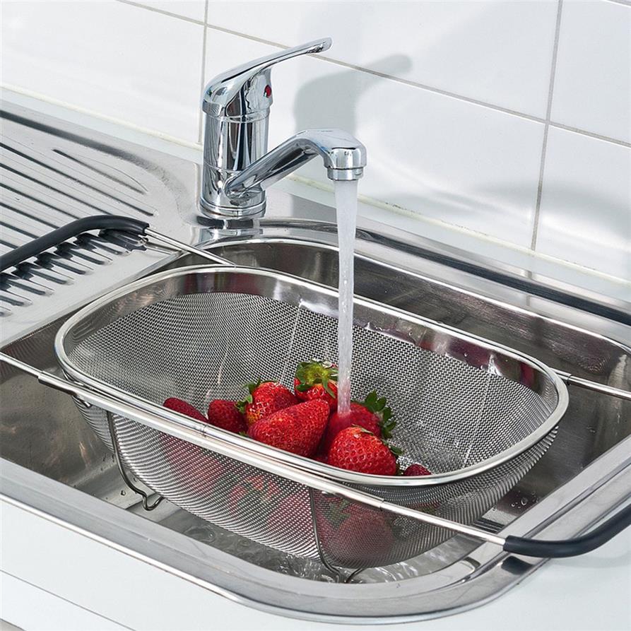 

Retractable Drain Basket Rubber Grip Handles Stainless Steel Oval Colander Sink Vegetables Draining Rack Drain washing basket T200255B