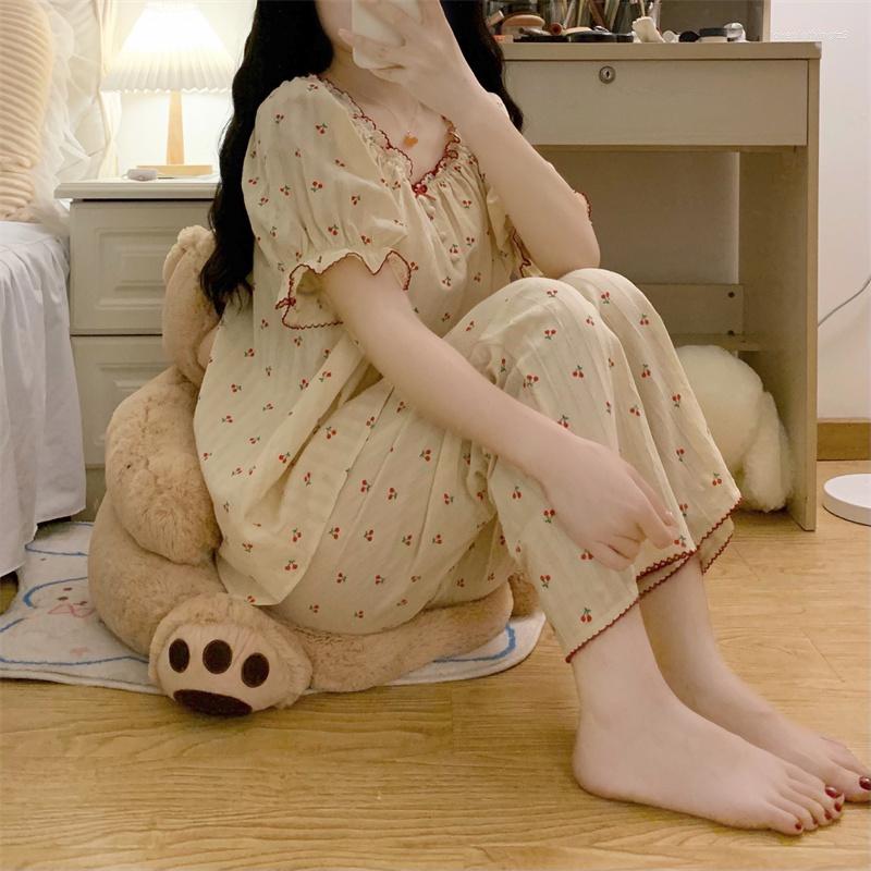 

Women's Sleepwear Three Button Cherry Pajama Set Women Pants Suit Short Sleeve Tops Embroidery Cotton Home Clothes Ladies Lounge S014, Apricot