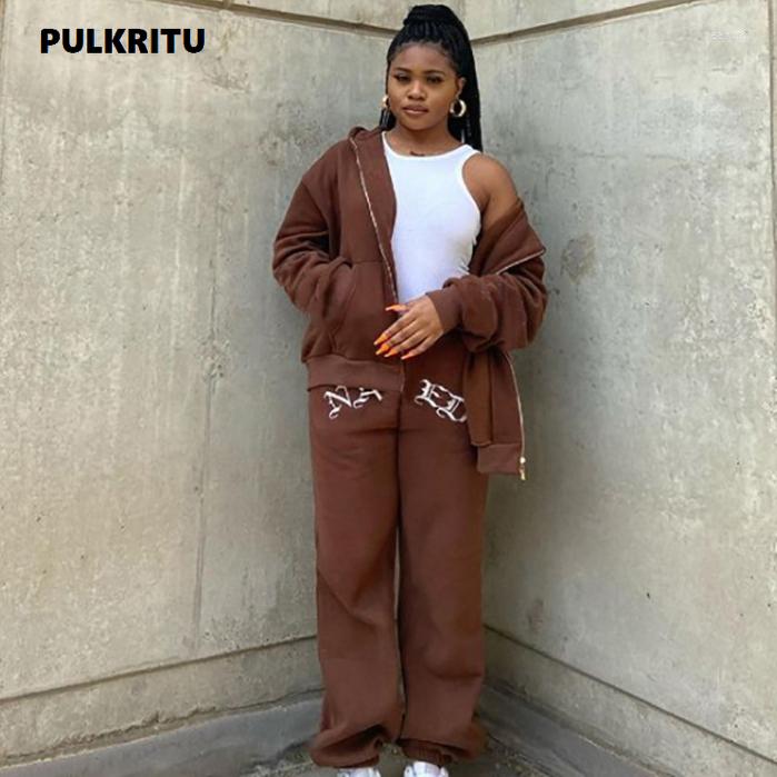

Women' Two Piece Pants Pulkritu Fall Winter Women Set Long Sleeve Zipper Loose Hoodie Letter Embroider Leisure Tracksuit Mating, Dark brown