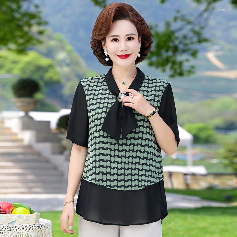 

Women's Blouses Summer Middle Aaged Women Blouse Fashion Casual Bow Collar Short Sleeve Tops Female Flower Print Loose Shirt Blusas Mujer, Green