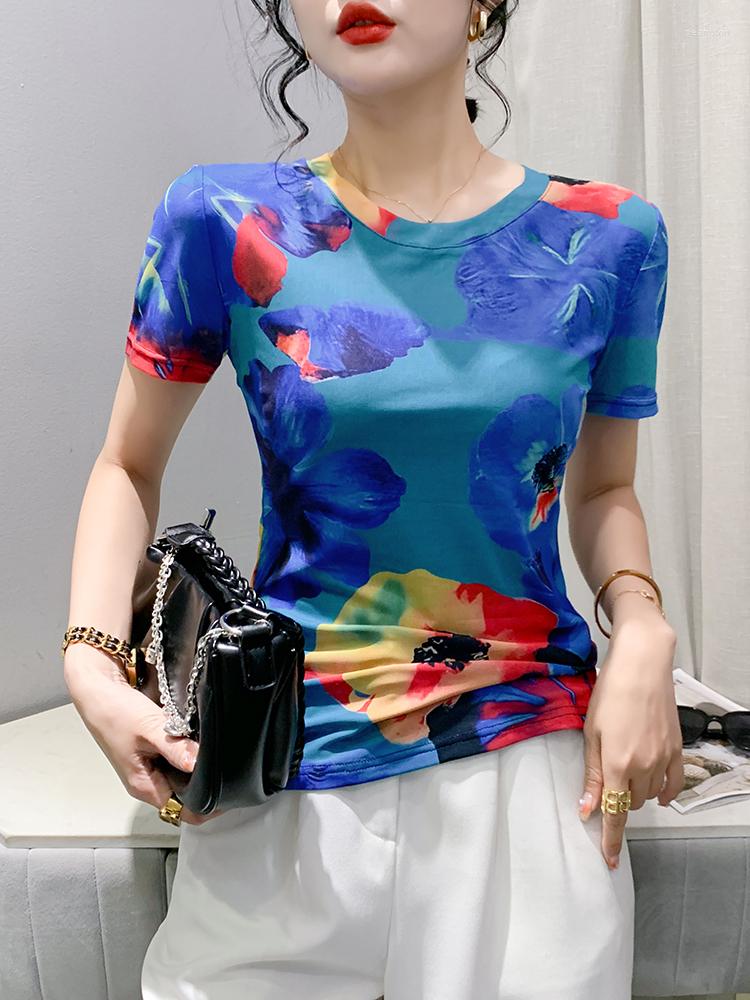 

Women's T Shirts 2023 Summer Korean Clothes Mesh T-Shirt Fashion Sexy O-Neck Print Flower Women Tops Short Sleeve Bottoming Shirt Tees, Picture color