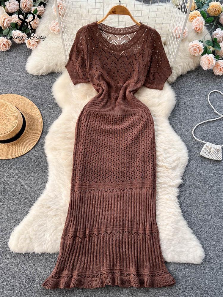 

Work Dresses SINGREINY Korean Gentle Knited Two Pieces Suits Women Short Sleeve O-Neck Fishtail Long Dress Sheath Camis Streetwear Sets, Khaki