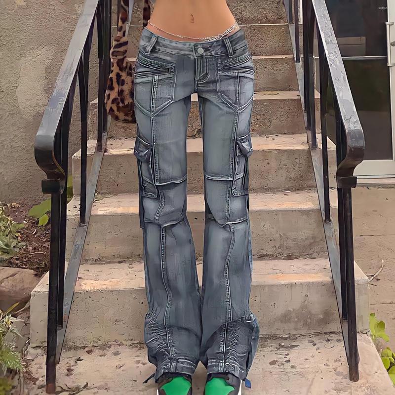 

Women's Jeans Low Waist Sexy Baggy Blue Cargo Pants Women Korean Fashion Vintage 90s Y2k Streetwear Punk Commute Straight Denim Trousers