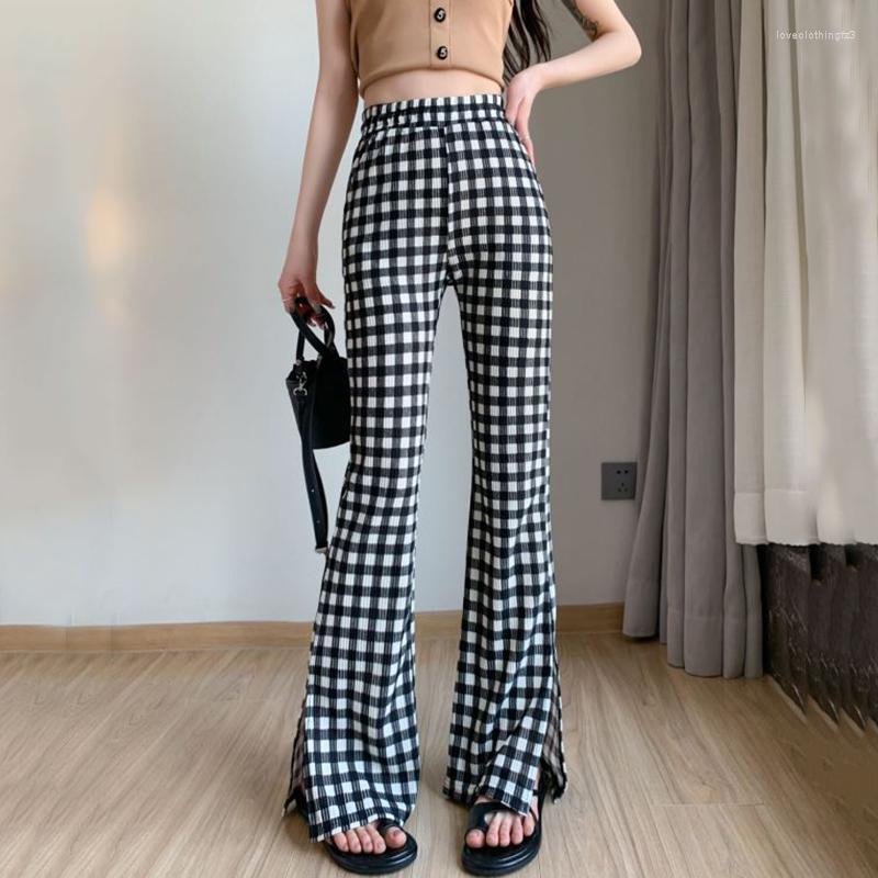 

Women' Pants Vintage Plaid Flare Women Summer Autumn High Waist Elegant Chic Long Trousers Pantalon Femme