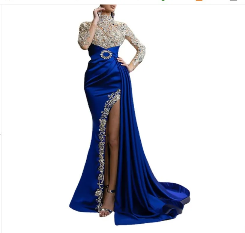 

Blue With Gold Arabic Mermaid Evening Dress Prom Gowns High Neck Algerian Outfit Evening Dresses