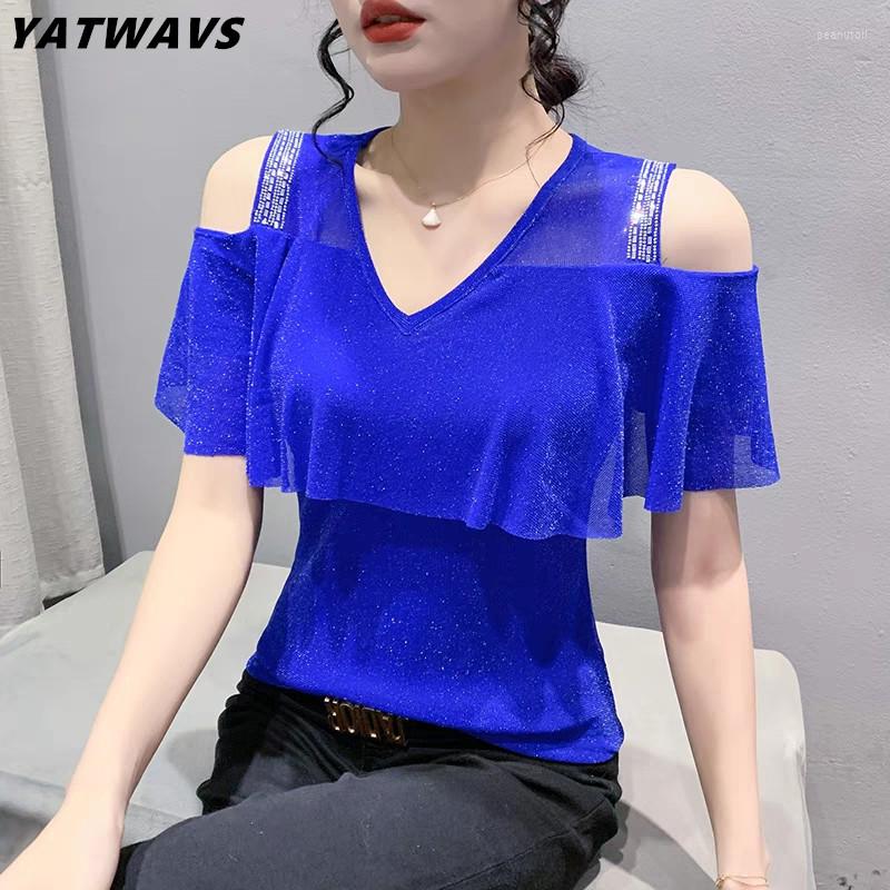 

Women's T Shirts Summer Short Sleeved Women's T-Shirt Fashion Casual V-Neck Diamond Ruffles Tops Sexy Girl Off The Shoulder Tees Blusas, Picture color
