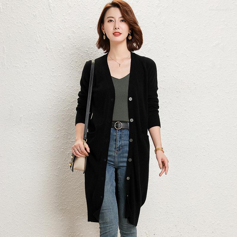 

Women' Knits Long Women Jackets Australian Wool Knitted Cardigans Sleeve Sweaters Soft Fashion Female 6Colors Knitwears, Black