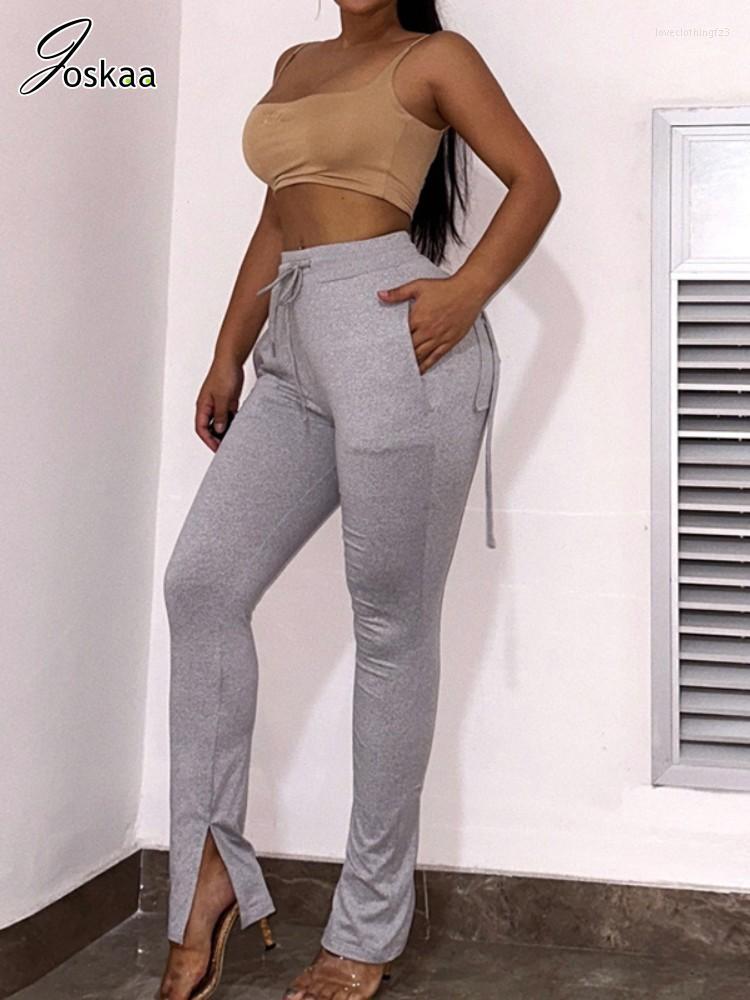 

Women's Pants Joskaa Casual Drawstring High Waist Trousers Women Concise Pockets Side Split Pencil Fall 2023 Female Bottoms Streetwear, Black
