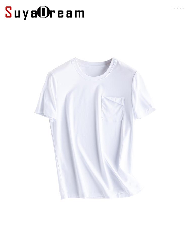 

Women' T Shirts SuyaDream Women Solid Shirt Real Silk Cotton Blend Round Collar Chest Pocket Summer Tee 2023 Tops Black Beige