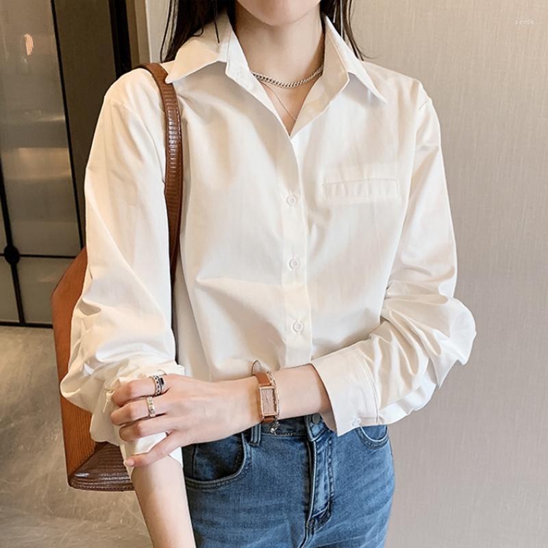 

Women' Blouses Autumn Fashion Cotton White Shirt Women Design Loose Long Sleeve Blouse Casual Polo Collar Blue And Tops 24116