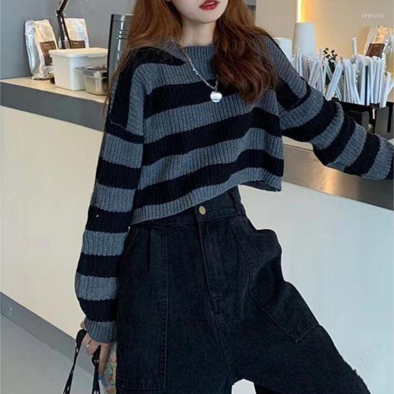 

Women's T Shirts 2023 Women's Retro Outer Match Short Knitwear Top High Waist Western Style Striped Sweater Wear Pullover, Black