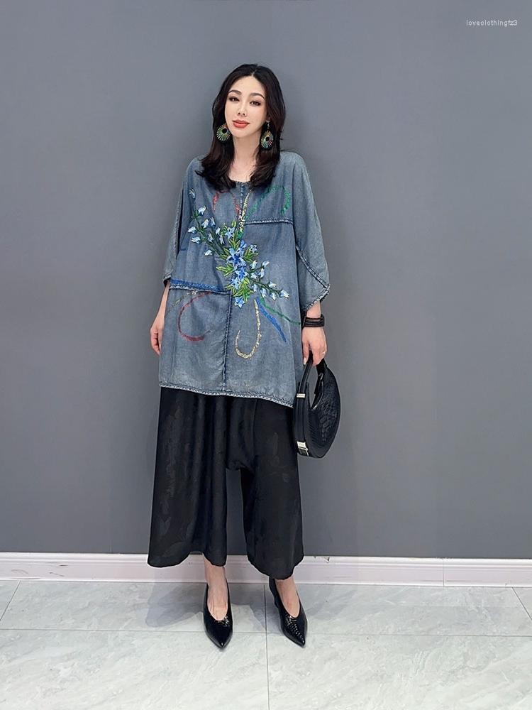 

Women's T Shirts SuperAen 2023 Summer Korean Casual Printed Denim Bat Sleeve Single Piece Top T-shirt For Women, Blue
