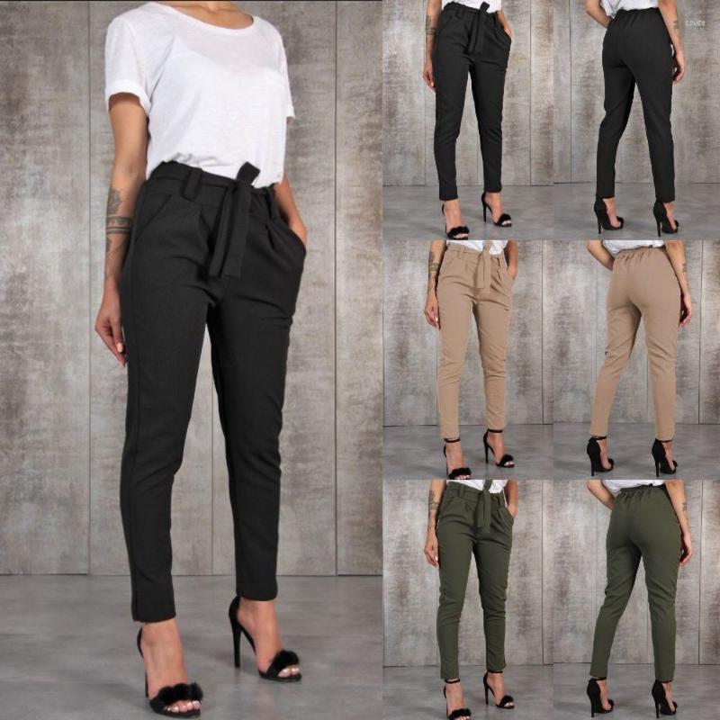 

Women's Pants Women Simply Solid Green Color Pockets Casual Straight Female Chic Elastic Waist Lace Up Summer Long Trousers Free Belt, Black