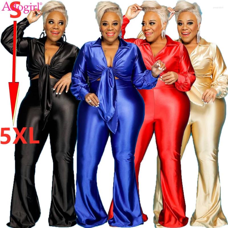 

Women's Two Piece Pants Adogirl S-5 XL Glossy Set Turn Down Collar Long Sleeve Tie Knot Top Flare Office Outdoor Suit, Red set