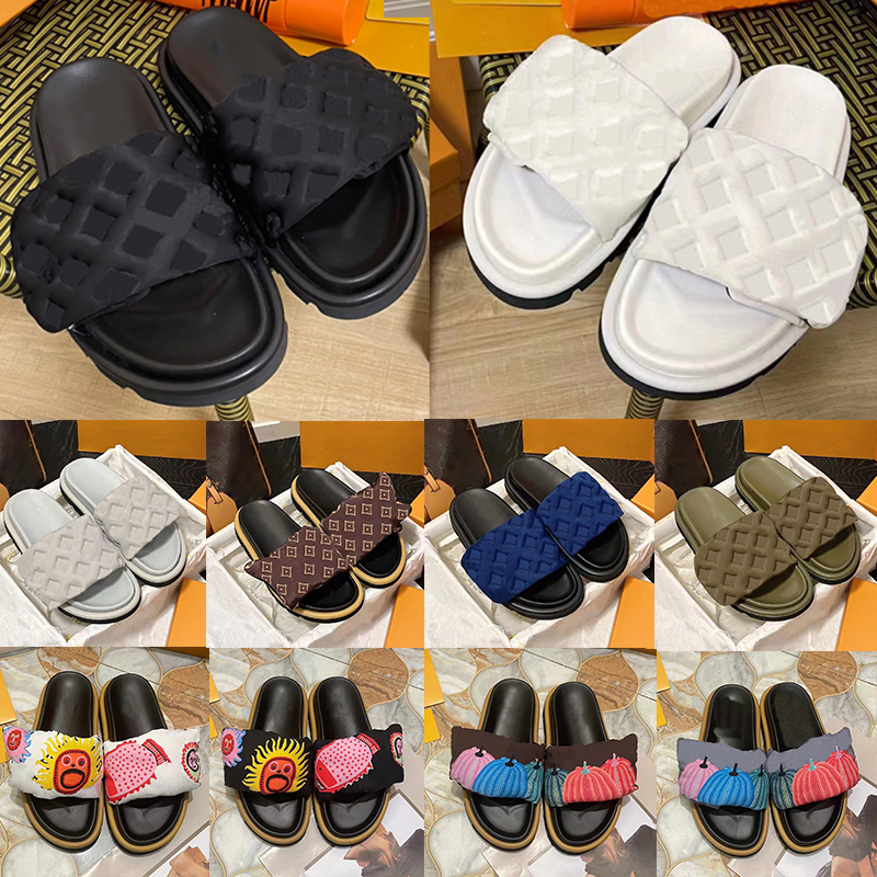 

Designer luxury men women slippers sandal shoes Pool Pillow Comfort Embossed Mules copper triple black pink ivory summer fashion slides beach slippers 35-45