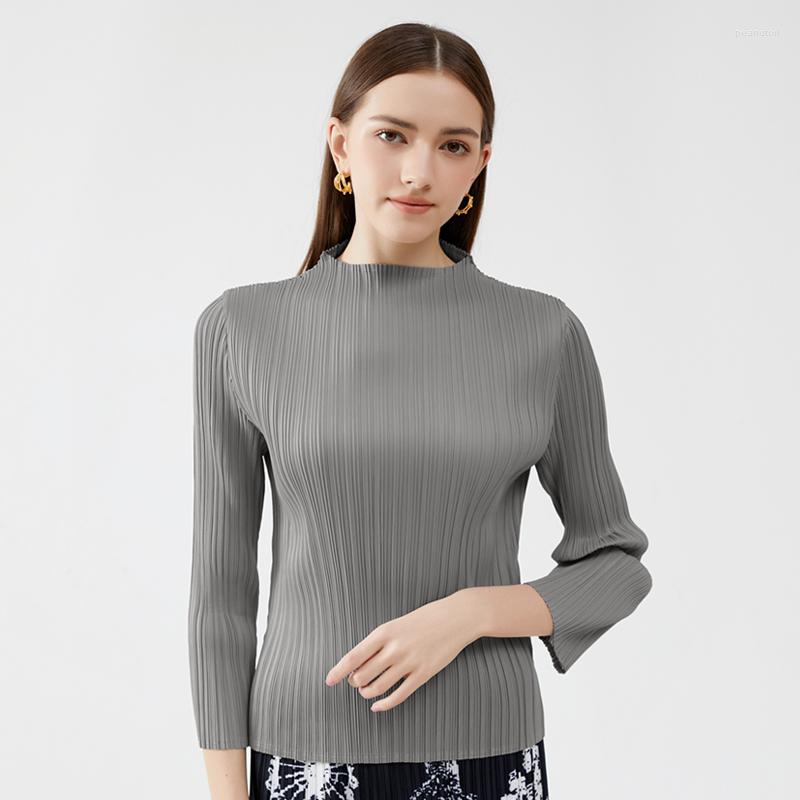 

Women's T Shirts Miyake Pleated Classical Long Sleeves Tops Women 2023 Spring Korean Fashion Causal Simple Solid Color Stand-up Collar Shirt, Black