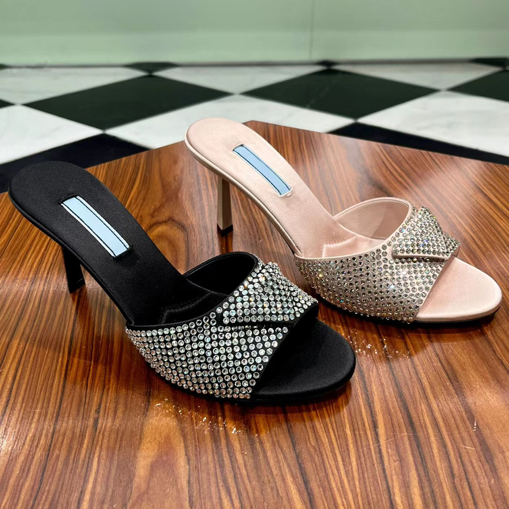 Crystal Slippers Mules Shoes Womens Slides High Heels Shoes Factory Footwear Rhinestone real silk Triangle buckle decoration sandal Open Toe Desi-image-875135410