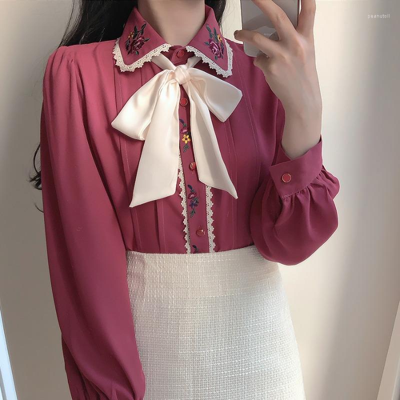 

Women' Blouses Korean Chic Spring Autumn Women Gorgeous Blouse Turn-Down Collar Floral Embroidery Chiffon Blusas Vintage Elegant Bow Lady, Ivory