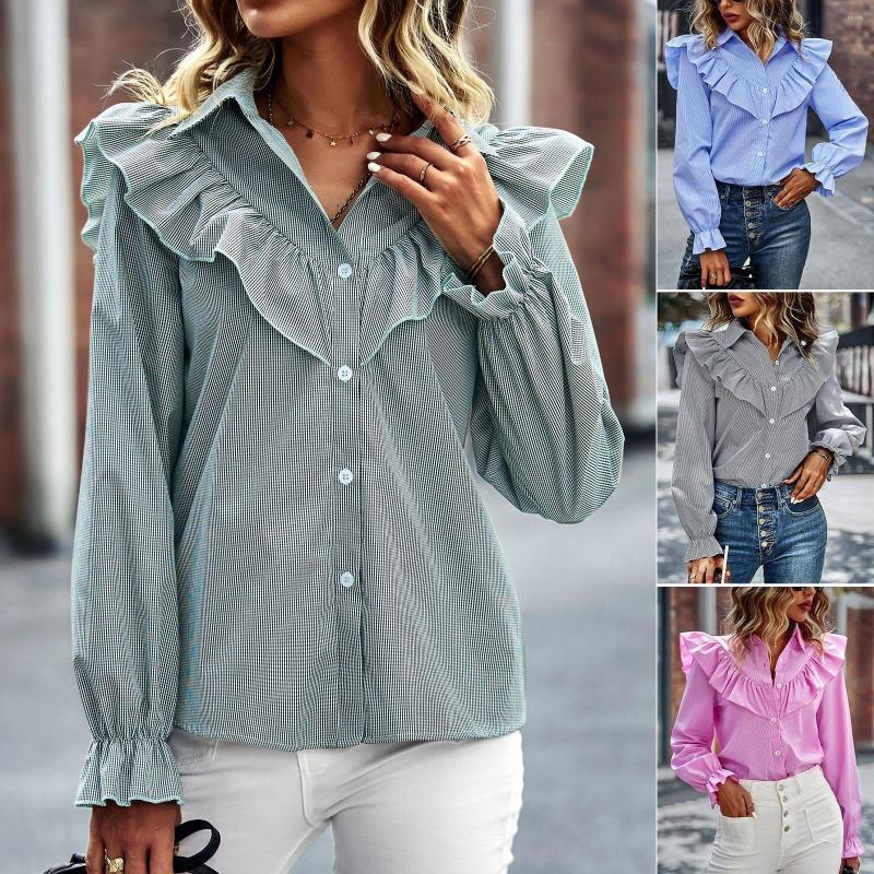 

Women' Blouses Fashion Shirt Striped Professional Women' Spring Autumn Four Seasons Top Ruffled Edge Woman Commuting Casual Style, Green