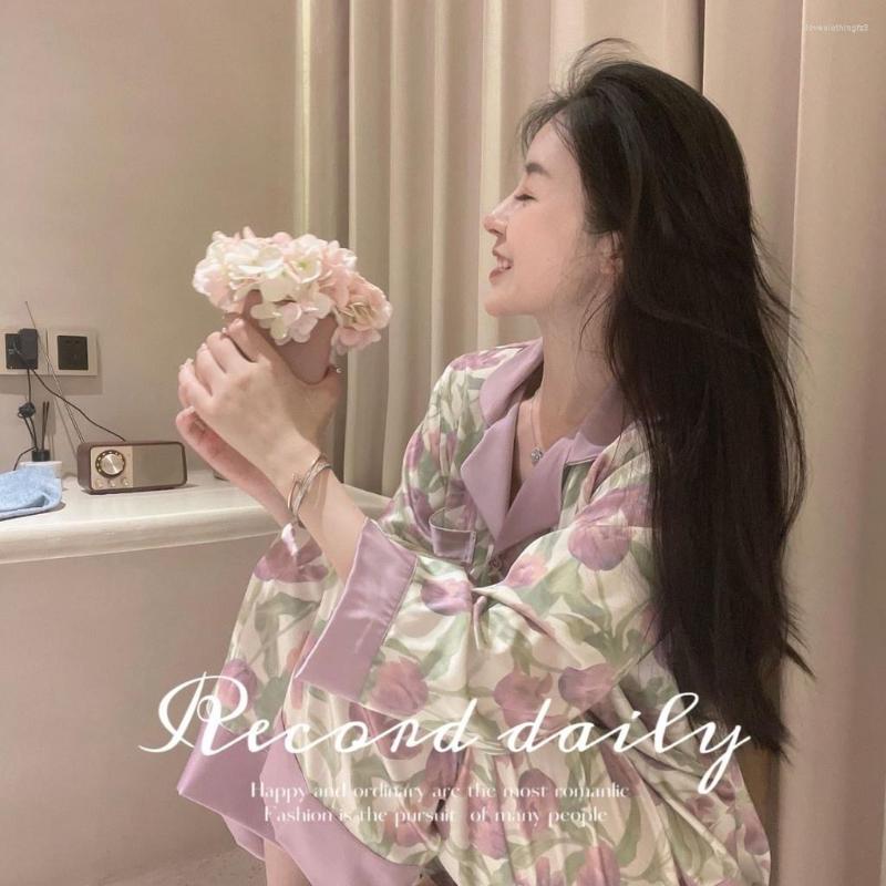 

Women's Sleepwear FALLINLAOE Tulip Print Sweet Romantic Women Pajama Set Spring Autumn Pajamas Ice Silk Long Sleeve Home Wear, Purple