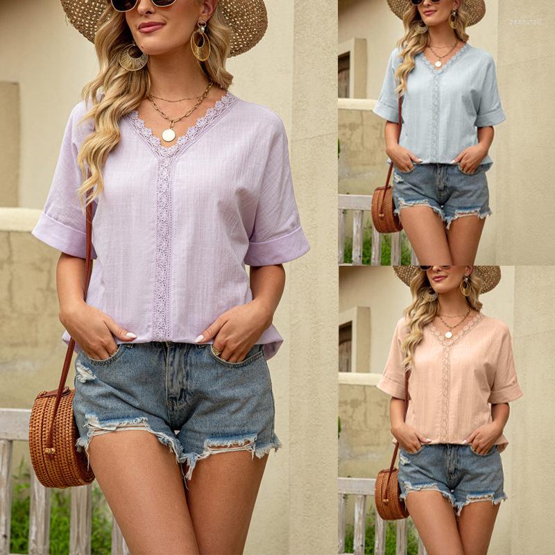

Women' Blouses Elegant Women Blouse Loose Solid Casual Shirt 2023 Summer Lace V-Neck Cotton Top Office Lady Short Sleeve -XXL, Green
