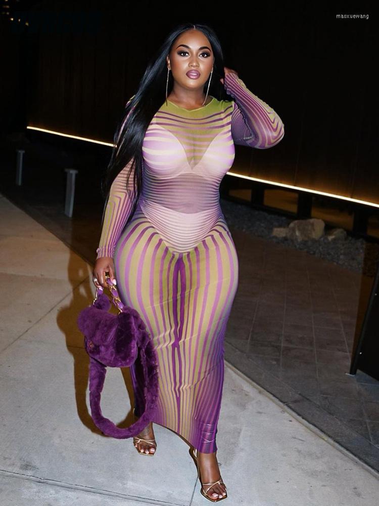 

Casual Dresses UVRCOS Irregular Stripe Printing Maxi Ladies For Women 2023 Sexy Mesh See Through O-neck Long Sleeve Bodycon Dress, Multi